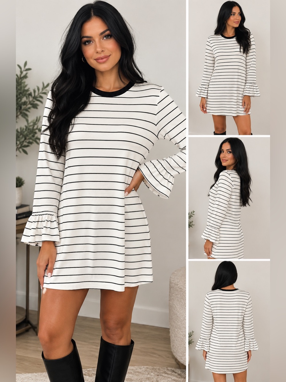 Siva-Black & White Striped Ruffle-Sleeve Dress
